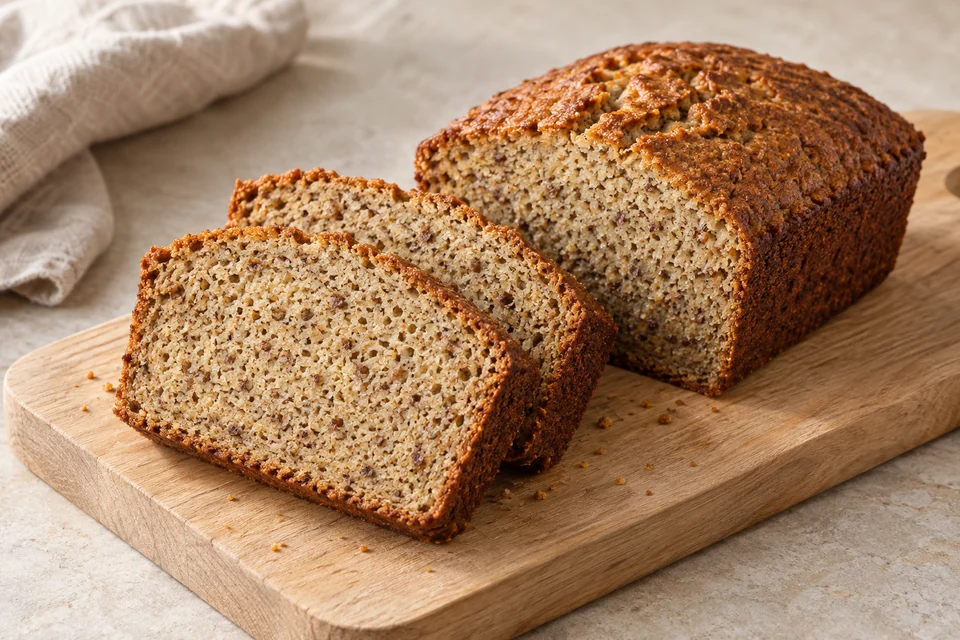 AI illustration of a sliced almond and ground flax loaf with a fine speckled crumb on a wooden board.