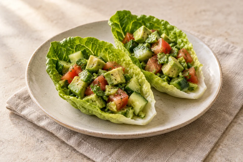 AI-generated serving suggestion for Avocado & Lime Lettuce Cups: Small lettuce cups of avocado, cucumber and tomato with a bright lime dressing.