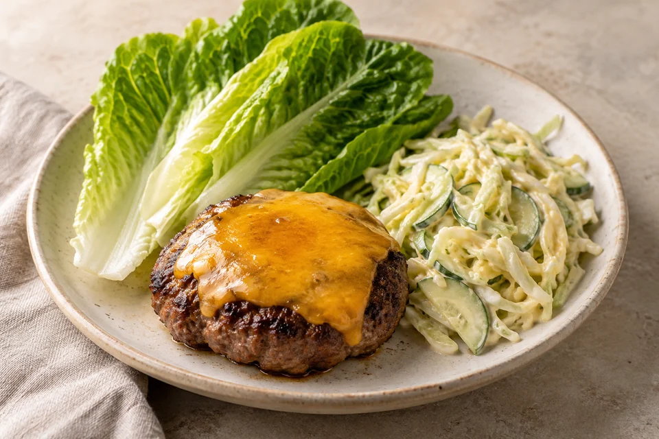 AI-generated serving suggestion for Bunless Beef Burgers with Cabbage Slaw. Cheddar-topped beef burgers with tangy mustard slaw and romaine leaves for wrapping.