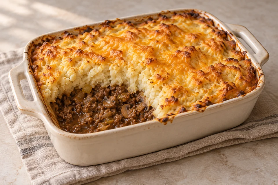 AI-generated serving suggestion for Beef & Cauliflower Cottage Pie. A rich beef and mushroom filling beneath a buttery cauliflower-cheddar topping. A family-style bake with a crisp golden top.