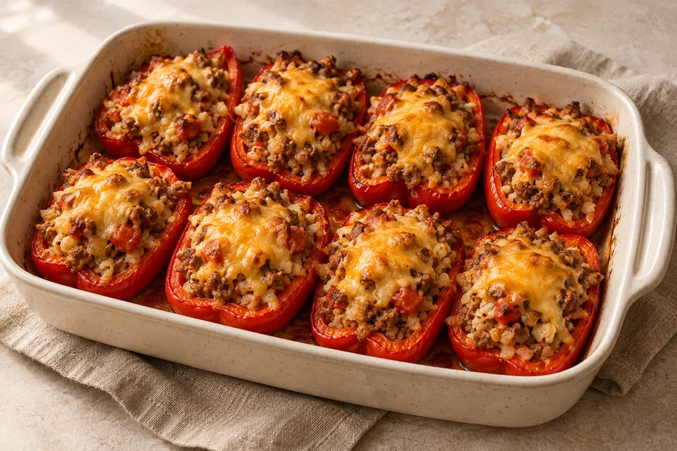 AI-generated serving suggestion for Beef & Cauliflower Stuffed Peppers. Roasted red peppers filled with savory ground beef, finely chopped cauliflower and tomato, then finished with melted cheddar.