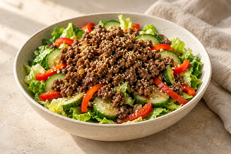 AI-generated serving suggestion for Ginger Beef Lettuce Salad. Warm ginger-seasoned beef over crunchy cucumber and lettuce with a soy-lemon pan dressing.