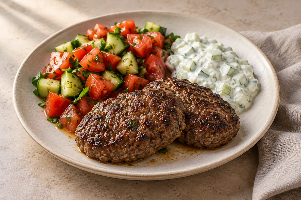 AI-generated serving suggestion for Beef Kofta with Cucumber Yogurt. Cumin-scented beef patties with a cool cucumber-yogurt spooning sauce and a crisp tomato salad.