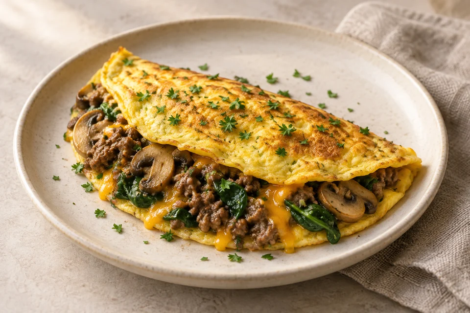 AI-generated serving suggestion for Beef & Mushroom Omelet. A substantial folded omelet with browned beef, mushrooms and melted cheddar.