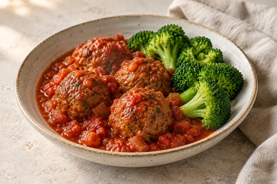 AI-generated serving suggestion for Beef & Parmesan Meatballs in Tomato Sauce. Tender beef meatballs bound with egg and Parmesan, simmered in an oregano tomato sauce. The complete recipe includes a side of steamed broccoli.