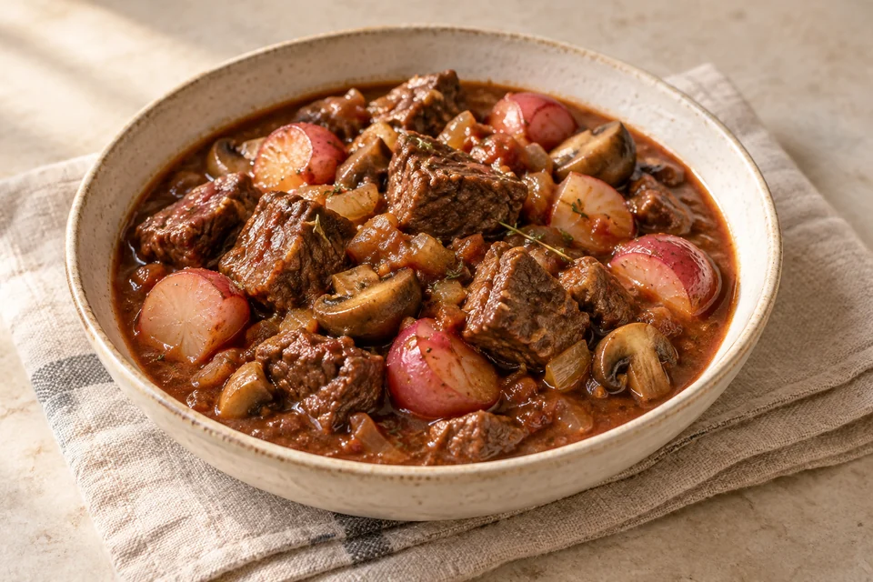 AI-generated serving suggestion for Beef & Radish Oven Braise. Slow-cooked chuck with tender radishes, mushrooms and thyme in a rich tomato gravy.