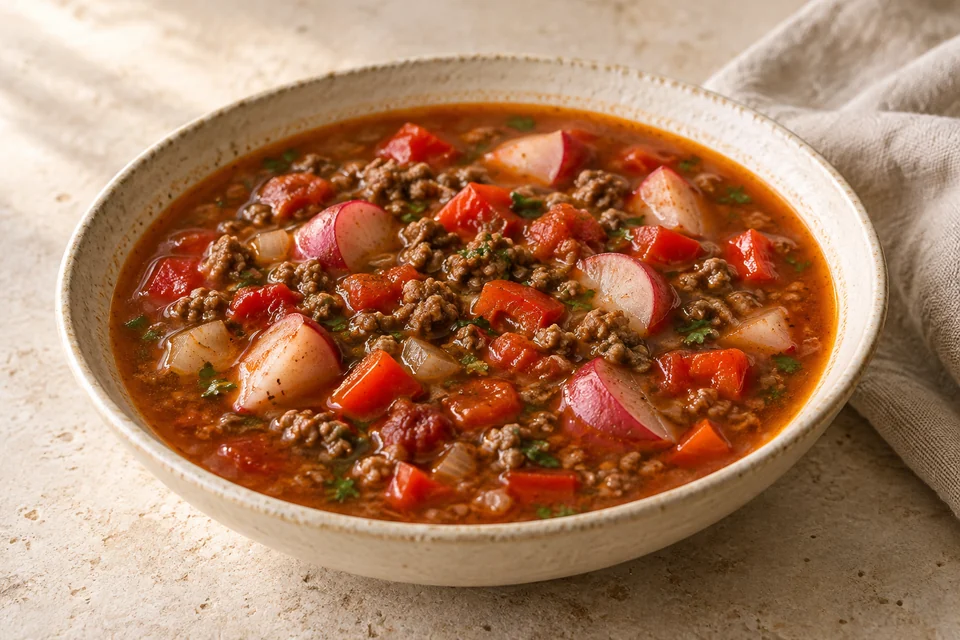 AI-generated serving suggestion for Beef, Radish & Paprika Soup: A hearty ground-beef soup with tender radishes, red pepper and a paprika-tomato broth.
