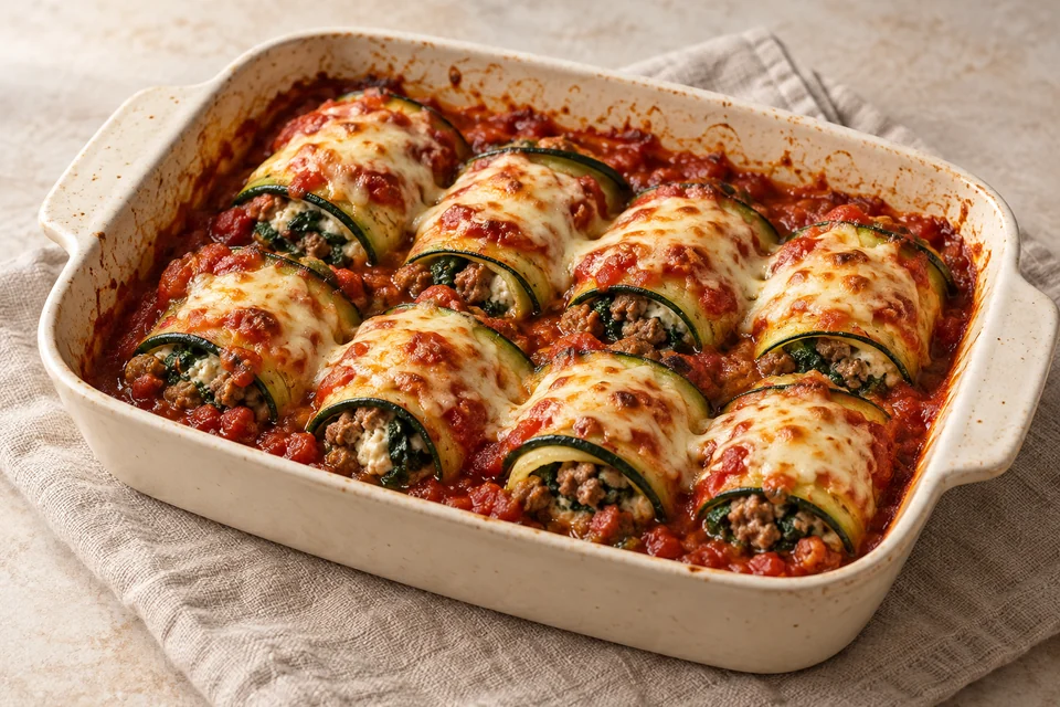AI-generated serving suggestion for Beef & Spinach Ricotta Rolls. Thin zucchini ribbons wrap a cooked beef and spinach filling beneath a tomato and mozzarella topping.