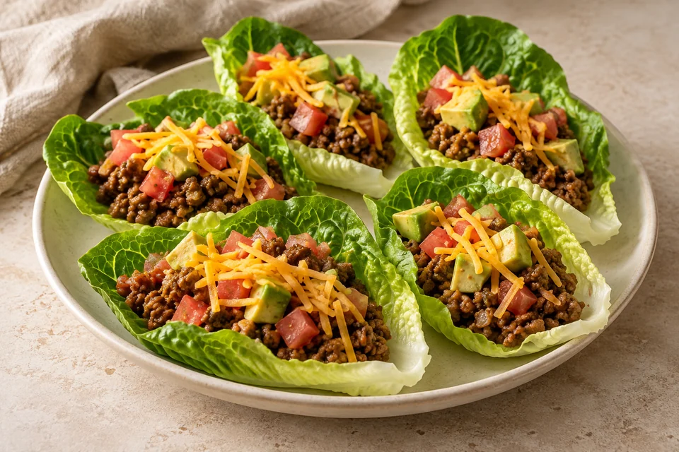 AI-generated serving suggestion for Beef Taco Lettuce Cups. Warm cumin-spiced beef in crisp romaine leaves, finished with avocado, tomato and cheddar. A hands-on dinner with a fresh crunch.