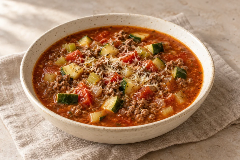 AI-generated serving suggestion for Beef & Zucchini Tomato Soup: A tomato-rich beef soup with zucchini, oregano and a little grated Parmesan.
