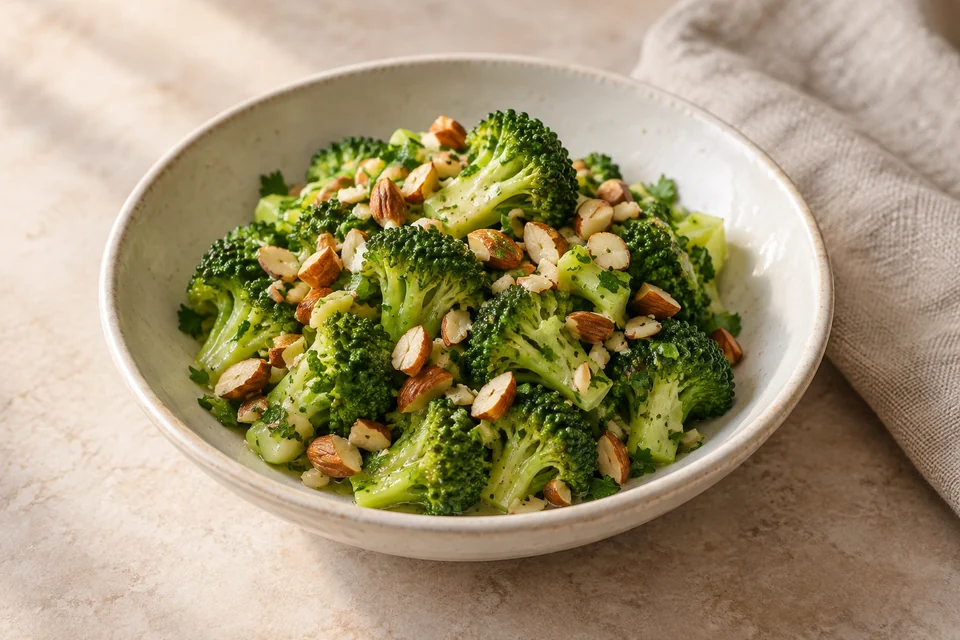 AI-generated serving suggestion for Chilled Broccoli & Almond Salad: Crisp-tender broccoli with toasted almonds and a lemon-mustard dressing.