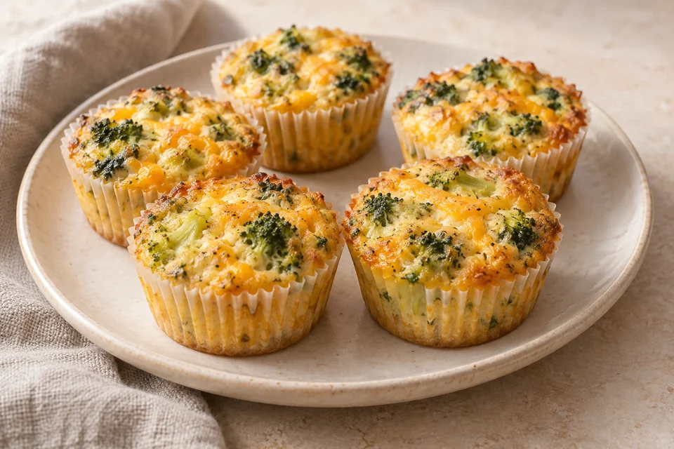 AI-generated serving suggestion for Broccoli & Cheddar Mini Quiches. Small crustless quiches with broccoli, cheddar and a creamy egg filling.