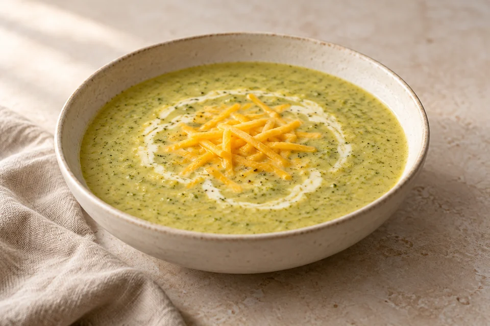 AI-generated serving suggestion for Broccoli & Cheddar Soup: A smooth broccoli soup with melted cheddar and a small swirl of cream.