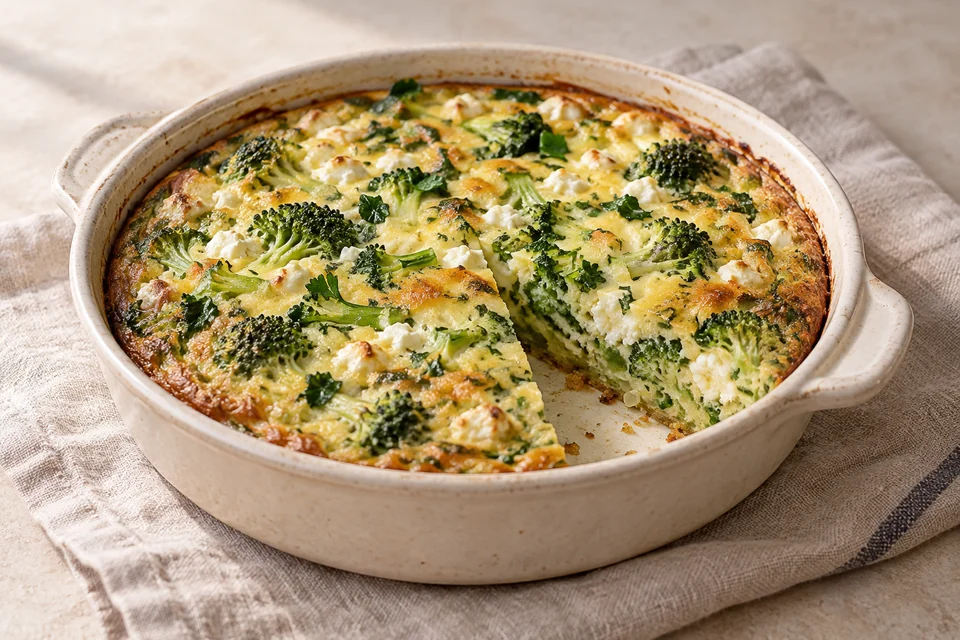 AI-generated serving suggestion for Broccoli & Feta Egg Bake. A sliceable broccoli frittata with feta, Greek yogurt and parsley.
