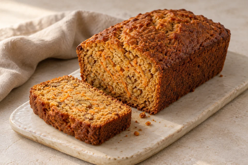AI-generated serving suggestion for Carrot & Cinnamon Almond Loaf. A small carrot loaf with cinnamon, walnuts and a tender almond crumb.