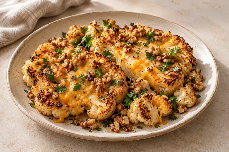 AI-generated serving suggestion for Cauliflower “Steaks” with Cheddar & Walnuts. Thick roasted cauliflower slices with melted cheddar, toasted walnuts and a parsley finish.
