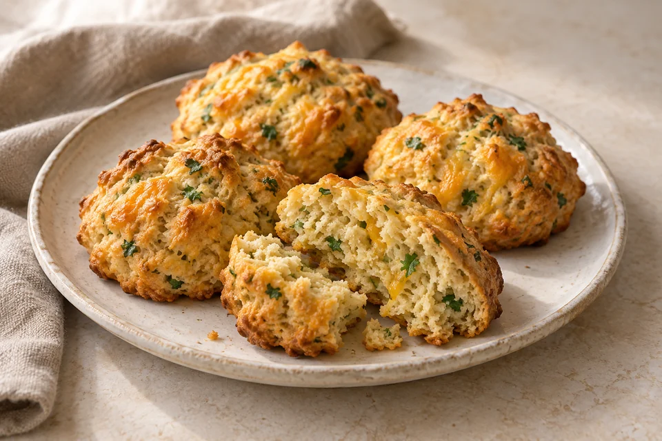 AI-generated serving suggestion for Cheddar & Parsley Drop Biscuits. Rustic spooned almond biscuits with sharp cheddar and fresh parsley.