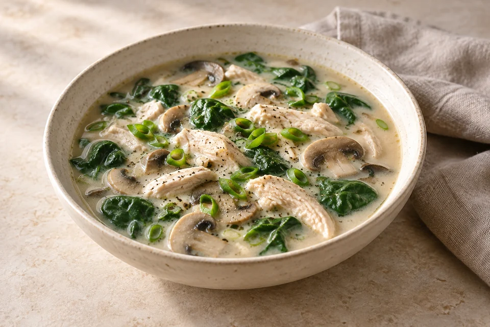 AI-generated serving suggestion for Chicken, Coconut & Ginger Soup: A fragrant coconut broth with chicken, mushrooms, spinach and fresh ginger.