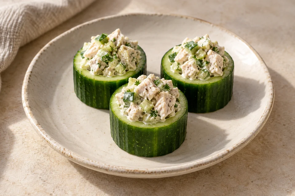 AI-generated serving suggestion for Chicken & Cucumber Yogurt Cups: Cool cucumber cups filled with lemony chicken, thick yogurt and parsley. A crisp, spoon-free starter.