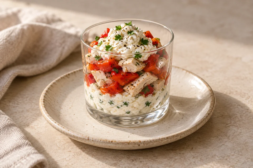 AI-generated serving suggestion for Chicken & Roasted Pepper Ricotta Pots: Soft ricotta layered with chilled chicken and roasted red pepper in small starter glasses.