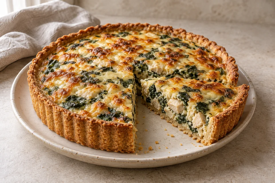 AI-generated serving suggestion for Chicken & Spinach Almond Tart. A savory tart with diced chicken, spinach and a cream-and-egg filling in an almond crust.
