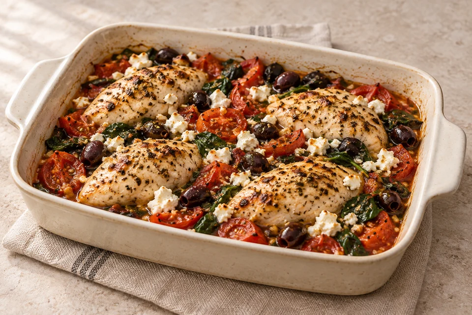 AI-generated serving suggestion for Chicken, Tomato & Feta Bake. Chicken breast baked with tomatoes, olives and feta, with a bed of wilted spinach.