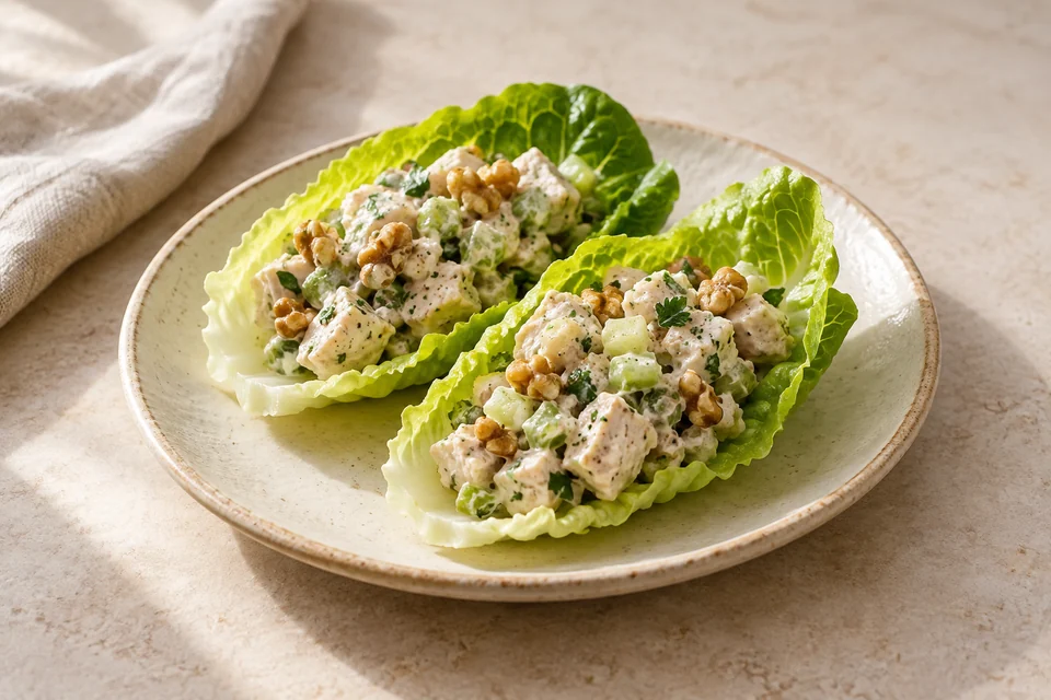 AI-generated serving suggestion for Chicken, Walnut & Celery Salad Spoons: Small lettuce cups of creamy chicken salad with walnut pieces and finely diced celery.