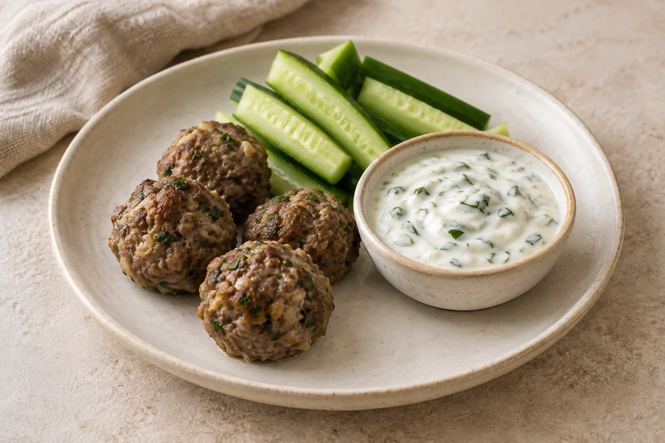AI-generated serving suggestion for Chilled Beef Meatballs with Yogurt Dip: Small cumin-seasoned beef meatballs served cold with cucumber and a lemon-yogurt dip.