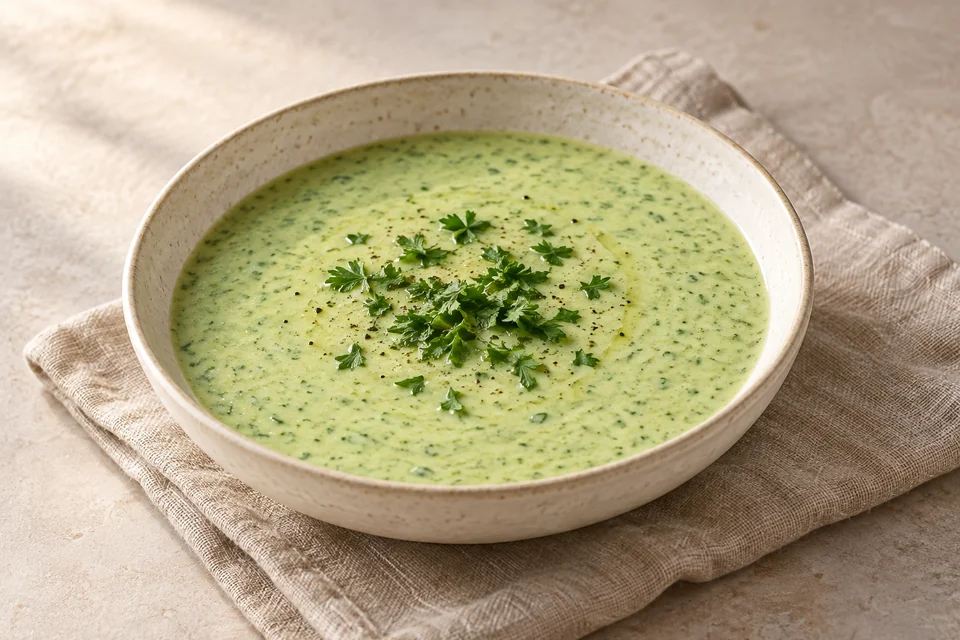 AI-generated serving suggestion for Chilled Cucumber & Avocado Soup: A cool green soup of cucumber, avocado and yogurt with lemon and parsley.