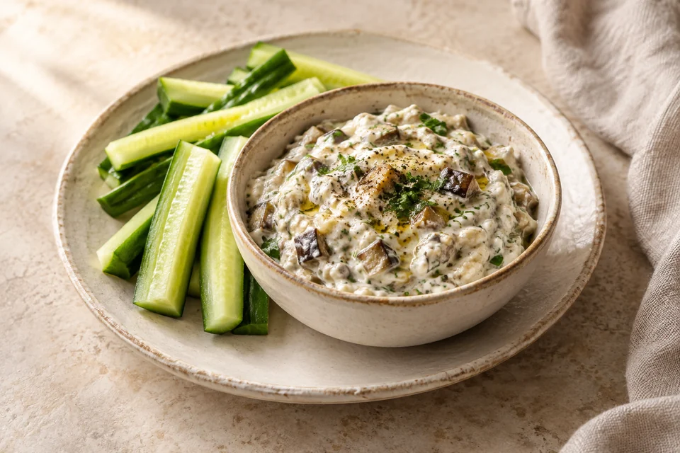 AI-generated serving suggestion for Chilled Eggplant & Yogurt Dip: Roasted eggplant folded into thick yogurt with garlic and lemon, served with cucumber sticks.