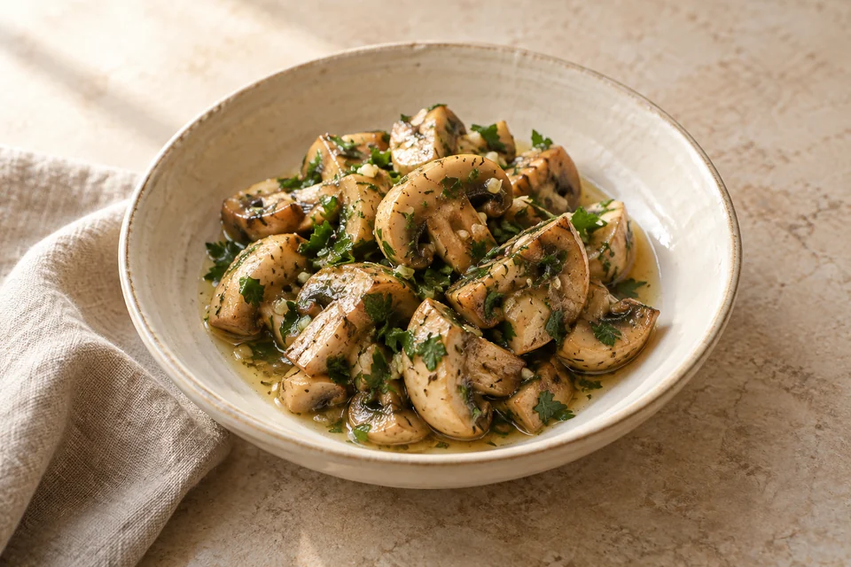 AI-generated serving suggestion for Chilled Mushrooms with Parsley & Lemon: Browned mushrooms cooled in their own lemony juices with garlic and parsley.