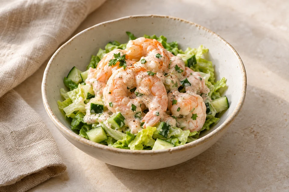 AI-generated serving suggestion for Chilled Shrimp Lettuce Cocktail: Cold poached shrimp on shredded lettuce with a light paprika and lemon yogurt sauce.