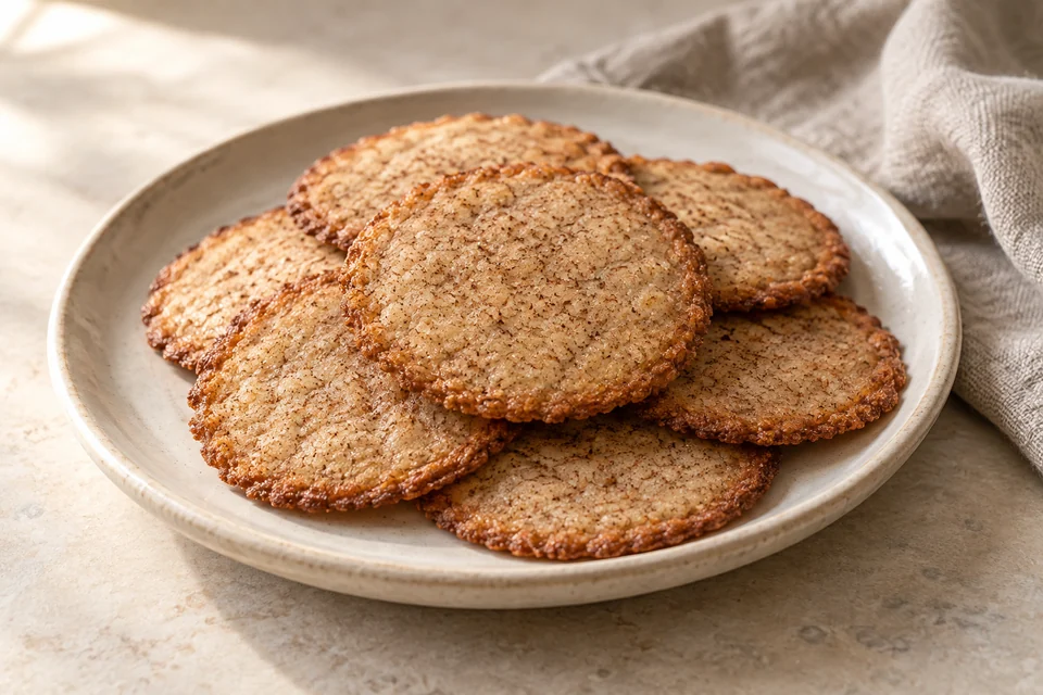 AI-generated serving suggestion for Cinnamon Almond Cookie Thins. Thin rolled almond cookies with cinnamon and a lightly crisp bite.