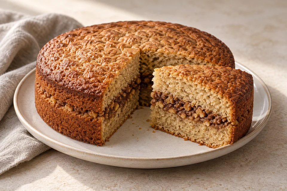 AI-generated serving suggestion for Cinnamon Walnut Yogurt Cake. A round almond and yogurt cake with a cinnamon-walnut layer through the middle.