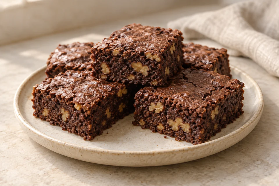 AI-generated serving suggestion for Cocoa & Walnut Almond Brownies. Small, rich cocoa squares with chopped walnuts and a gently sweet almond base.