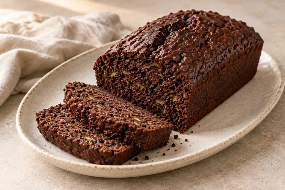 AI-generated serving suggestion for Cocoa Zucchini Almond Loaf. A moist cocoa loaf with grated zucchini and almond meal, made for thin slices.