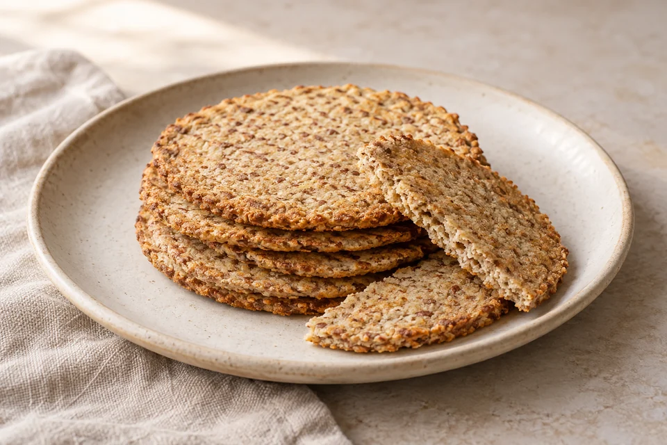 AI-generated serving suggestion for Coconut & Flax Flatbreads. Thin oven-baked seed flatbreads made with unsweetened coconut, almond meal and ground flax.