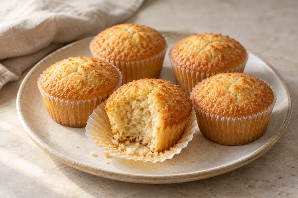 AI-generated serving suggestion for Coconut Vanilla Almond Cupcakes. Unfrosted vanilla cupcakes with finely ground coconut and almond meal.