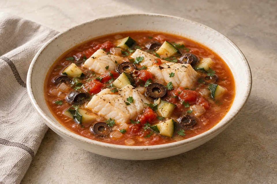 AI-generated serving suggestion for Cod, Tomato & Olive Soup: Tender cod in a light tomato broth with zucchini, olives and oregano.