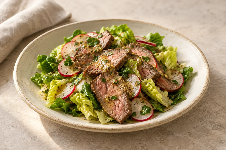 AI-generated serving suggestion for Cold Roast Beef & Radish Salad: Thinly sliced sirloin, peppery radishes and romaine with a sharp mustard dressing.