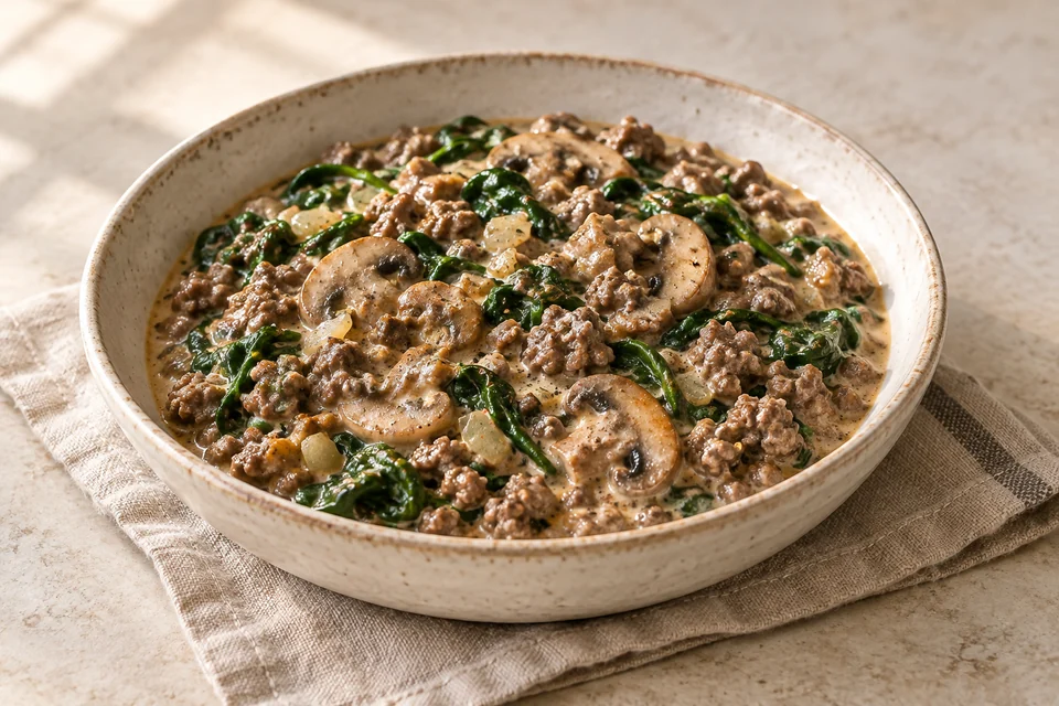 AI-generated serving suggestion for Creamy Beef & Mushroom Skillet. Ground beef, browned mushrooms and wilted spinach in a tangy sour-cream sauce. Spoon it into warm bowls for a comforting dinner.