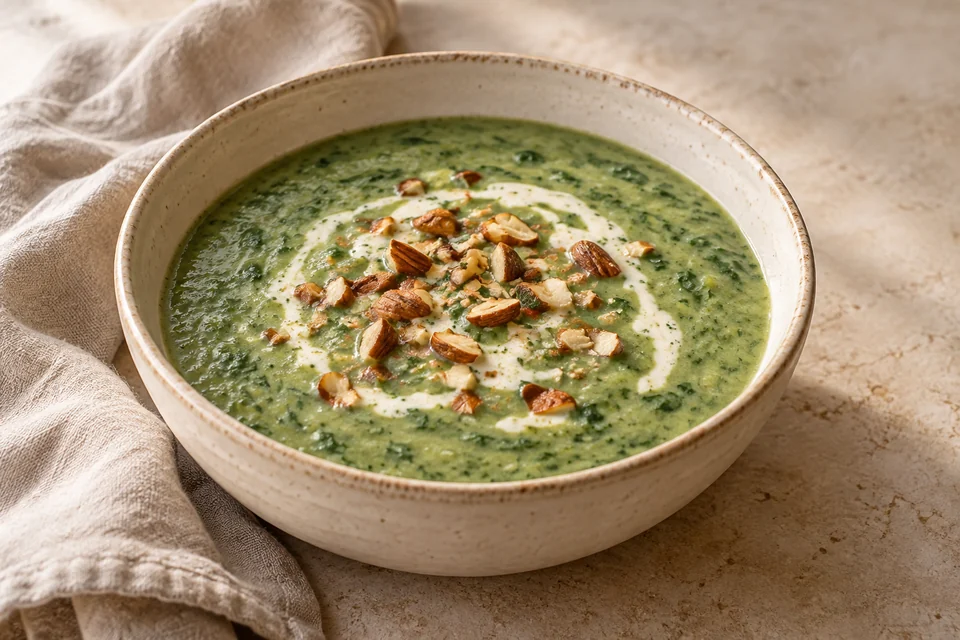 AI-generated serving suggestion for Creamy Cauliflower & Spinach Soup. Blended cauliflower and spinach soup with a swirl of cream and toasted almond crumbs.