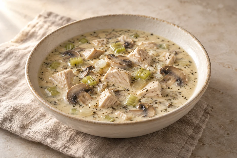AI-generated serving suggestion for Creamy Chicken, Mushroom & Thyme Soup: A creamy mushroom soup with diced chicken, thyme and a small spoonful of sour cream.