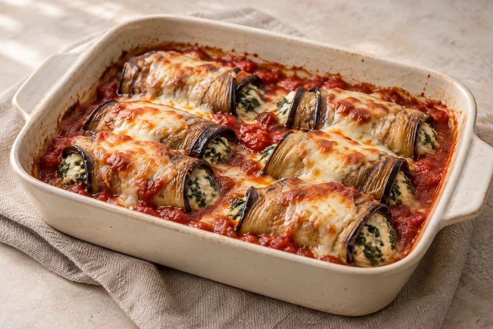 AI-generated serving suggestion for Eggplant, Ricotta & Tomato Rolls. Soft roasted eggplant wrapped around a spinach-ricotta filling and baked in tomato sauce.