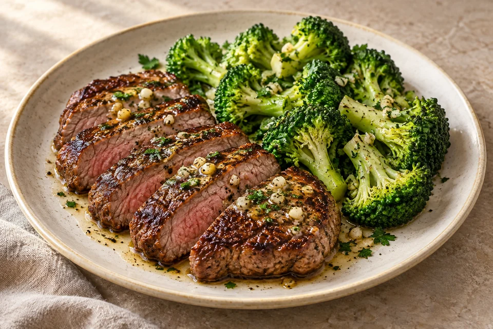 AI illustration of sliced garlic butter steak with broccoli and parsley on an ivory plate.