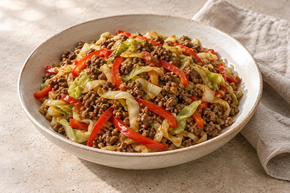 AI-generated serving suggestion for Ginger Beef & Cabbage Stir-Fry. Shredded cabbage and ground beef tossed with fresh ginger, garlic and soy sauce. A quick skillet dinner that keeps a little bite in the vegetables.