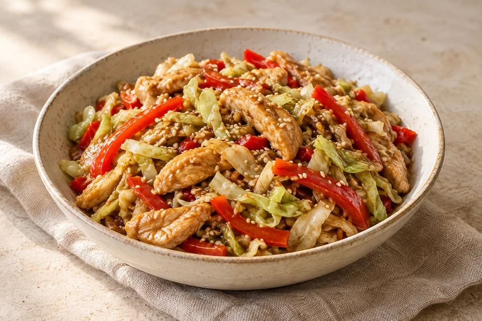 AI-generated serving suggestion for Ginger Chicken & Cabbage Stir-Fry. Quick-cooking chicken strips, cabbage and red pepper in a ginger-soy sauce.
