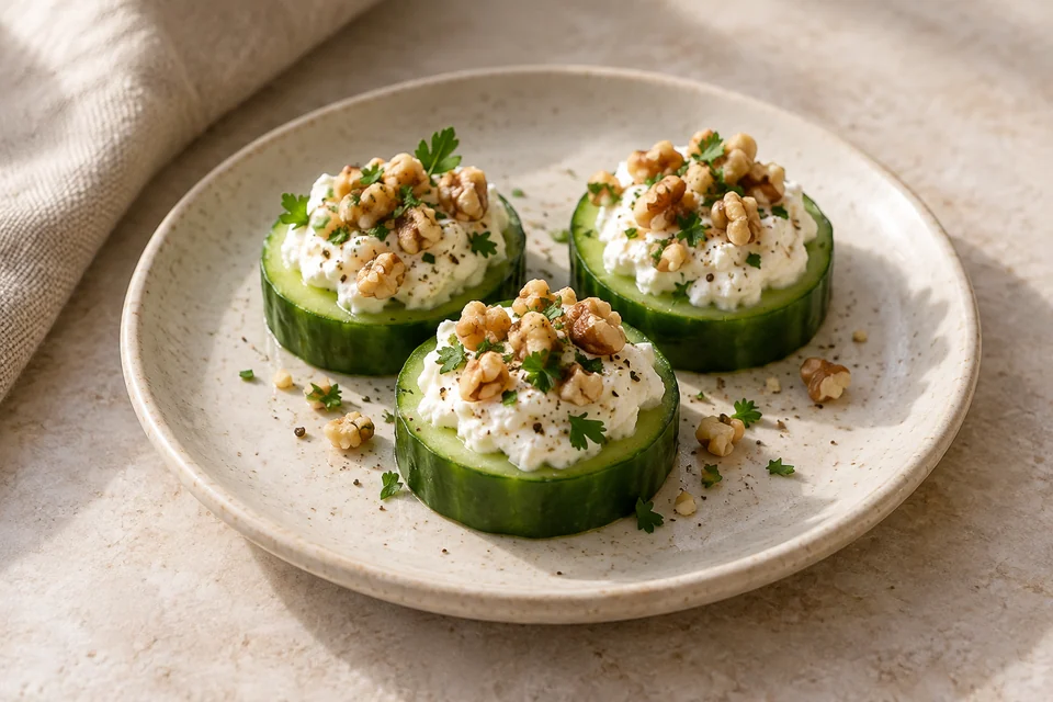 AI-generated serving suggestion for Goat Cheese & Walnut Cucumber Bites: Cucumber rounds topped with soft goat cheese, chopped walnuts and parsley.