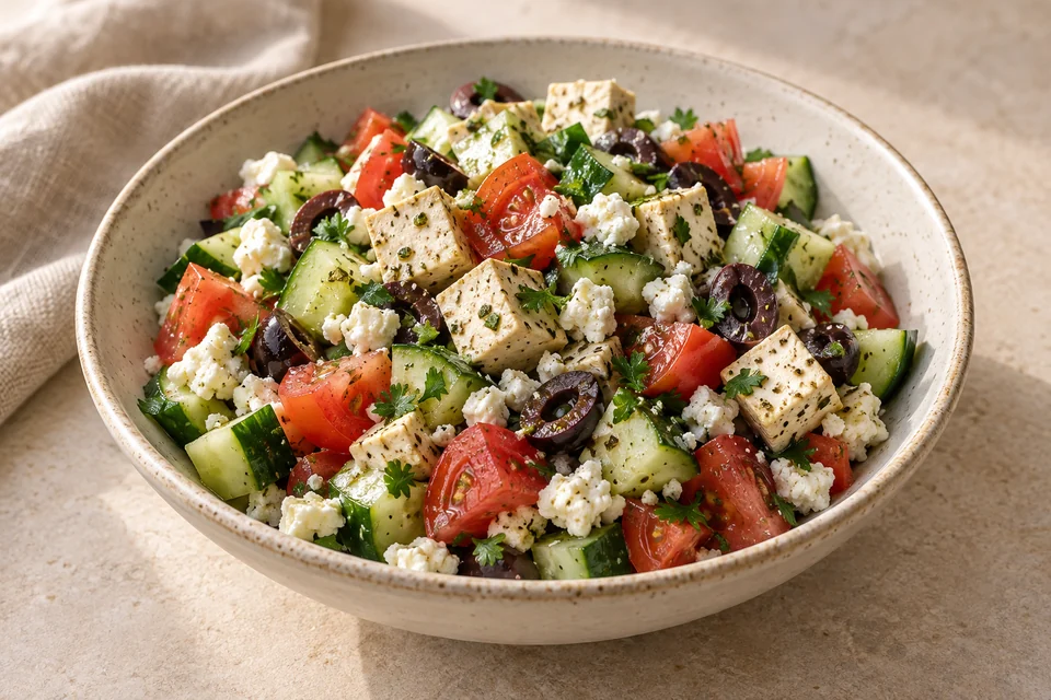 AI-generated serving suggestion for Greek-Inspired Tofu & Cucumber Salad. A chopped cucumber and tomato salad with firm tofu, feta, olives and lemon dressing.
