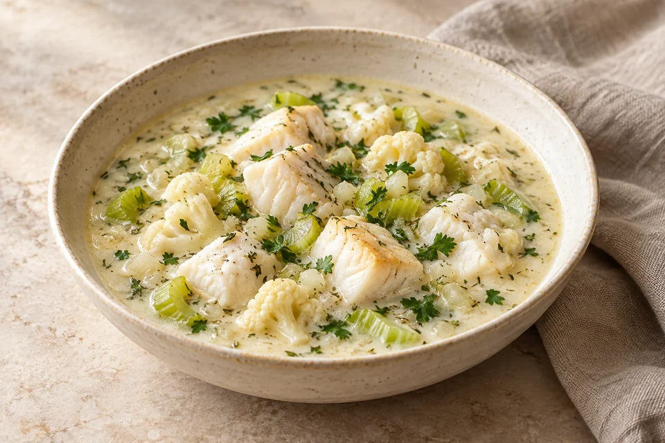 AI-generated serving suggestion for Haddock & Celery Chowder: A chunky haddock chowder with celery, cauliflower and cream, without potato or flour.